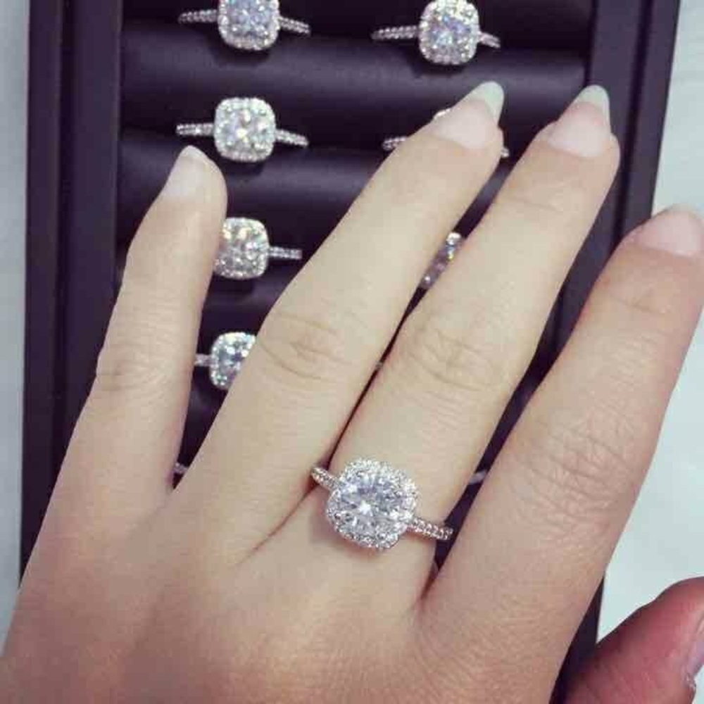 18k White Gold Diamond Cz Cushion Halo Ring - Picture 7 of 8